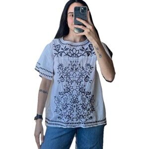 Charter Club White Short-Sleeve Embroidered Floral Blouse